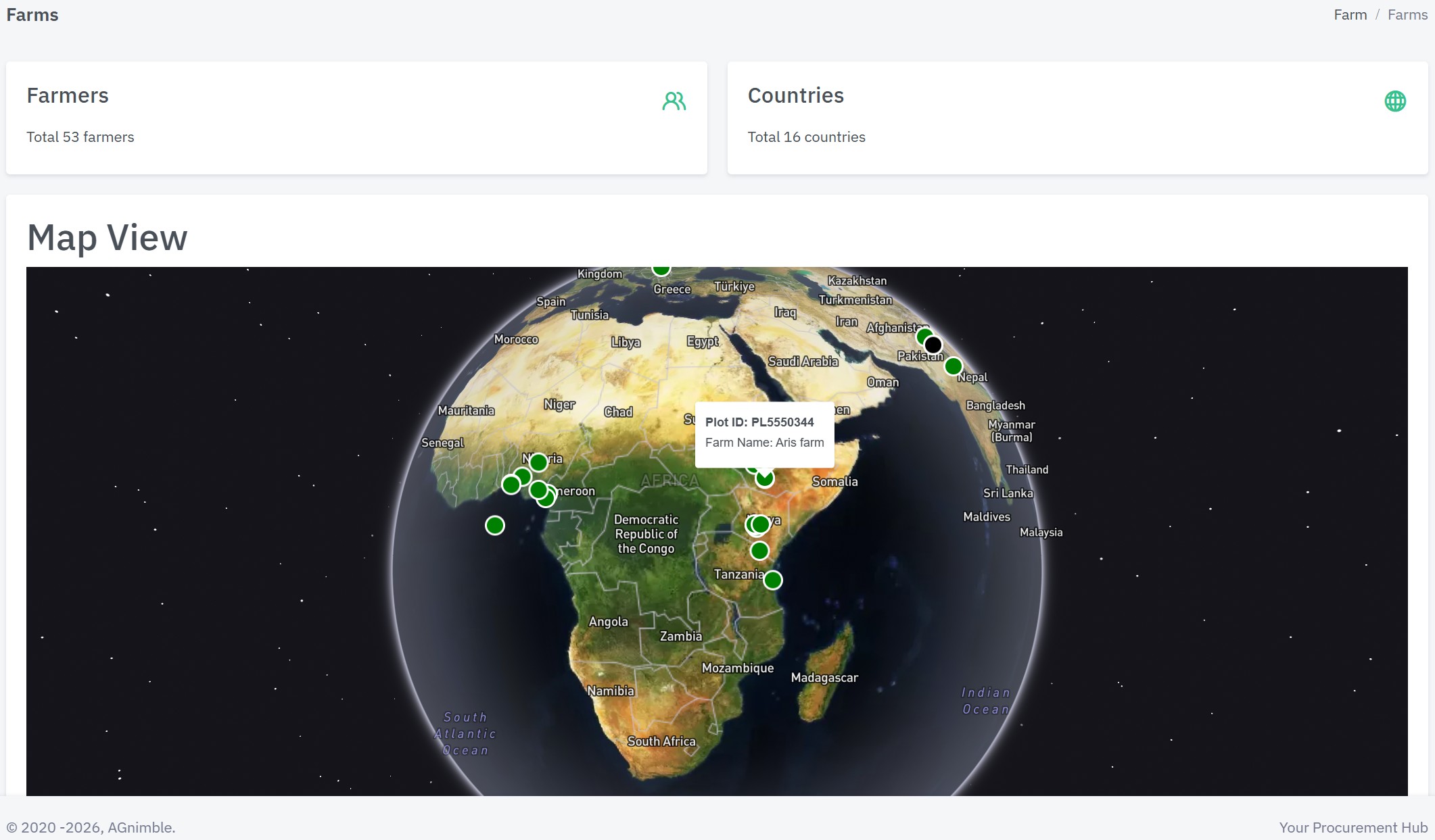 AGnimble Trace platform showing 316 farmers and map view across Africa