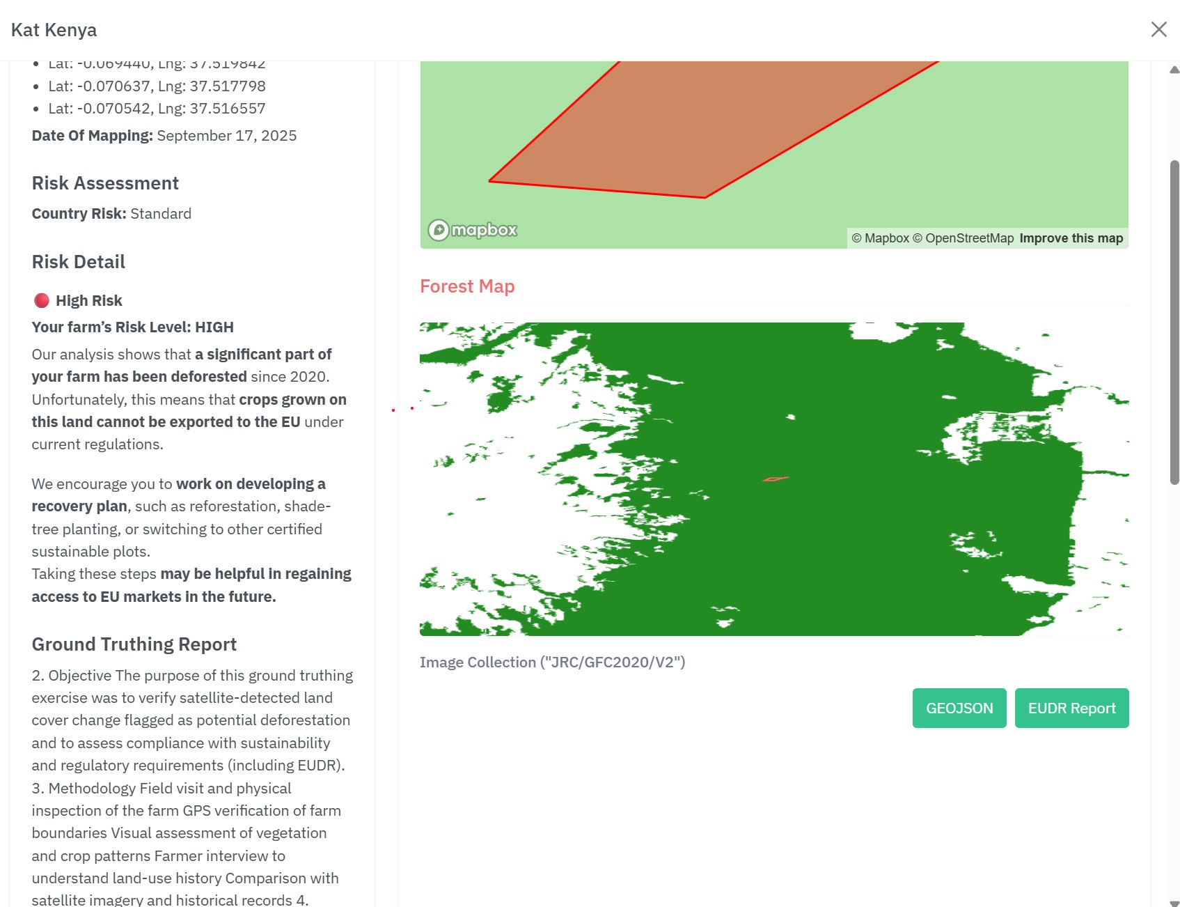AGnimble EUDR risk assessment showing farm polygon, forest map, deforestation risk, and GeoJSON export
